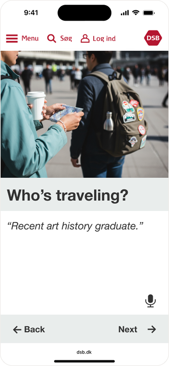 UX flow of DSB digital platform, flow 01, screen 01.